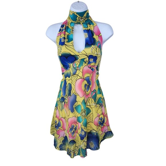 Vtg Bisou Bisou Halter Top Large Floral Print Stretchy Tunic Sexy Keyhole Yellow - Picture 2 of 5